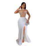 White Mesh Rhinestones Sexy Bodycon Luxury Club Prom Maxi Dress Wedding