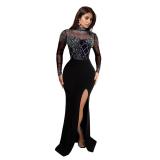 Black Mesh Rhinestones Sexy Bodycon Luxury Club Prom Maxi Dress Wedding