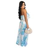 Blue Off Shoulder Printed Strapless Top Pleated Ruffles Fashion Skirt Dress