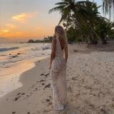 Beige Deep V Neck Knitted Cotton Hollow Out Slim Fit Evening Prom Maxi Dress