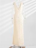 Beige Deep V Neck Knitted Cotton Hollow Out Slim Fit Evening Prom Maxi Dress