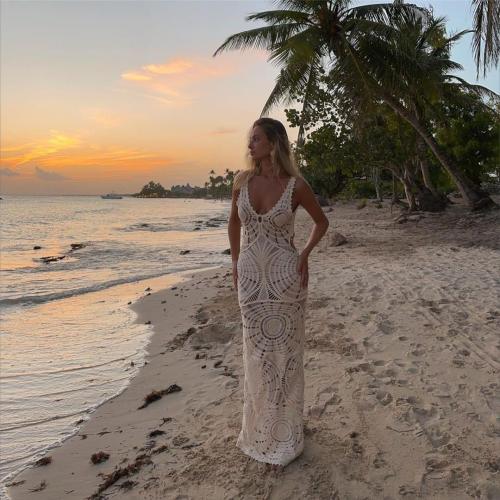 Beige Deep V Neck Knitted Cotton Hollow Out Slim Fit Evening Prom Maxi Dress