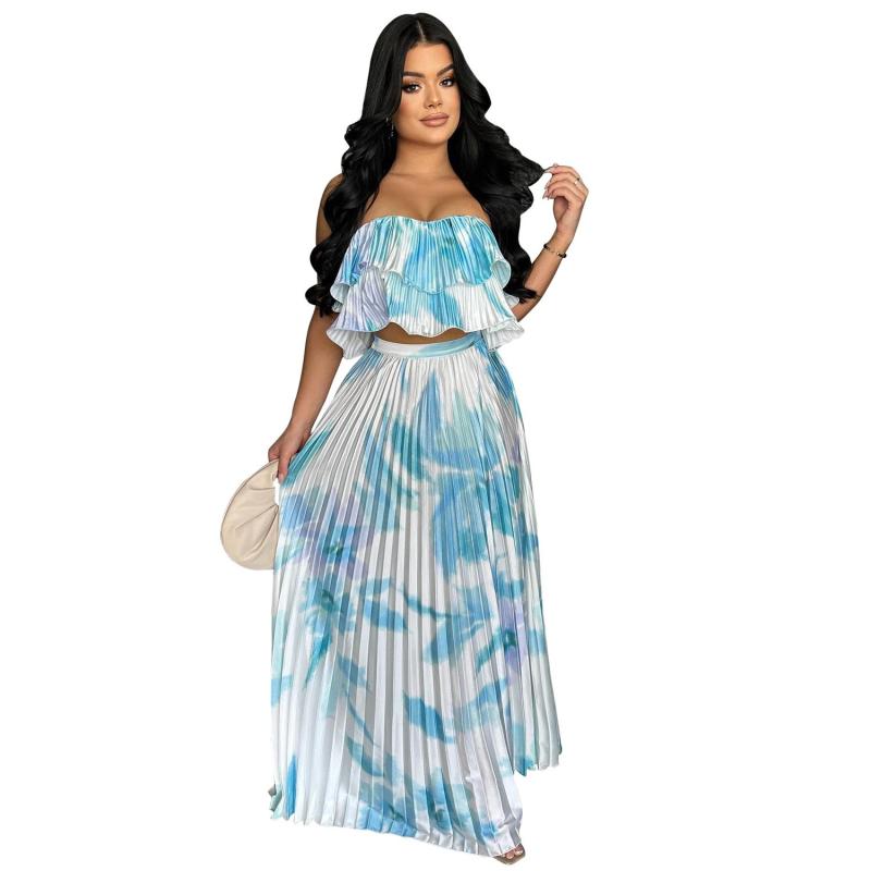 Blue Off Shoulder Printed Strapless Top Pleated Ruffles Fashion Skirt Dress