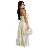Yellow Off Shoulder Printed Strapless Top Pleated Ruffles Fashion Skirt Dress