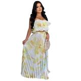 Yellow Off Shoulder Printed Strapless Top Pleated Ruffles Fashion Skirt Dress