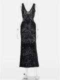 Black Deep V Neck Knitted Cotton Hollow Out Slim Fit Evening Prom Maxi Dress