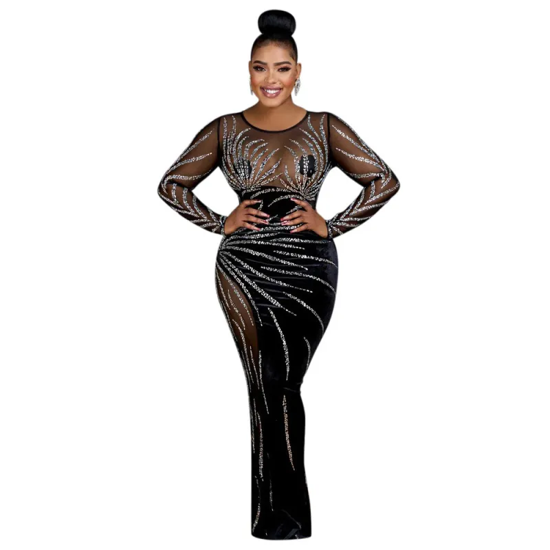 Black Luxury Mesh See Through Rhinestone Bodycon Prom Evening Velvet Party Maxi Dress