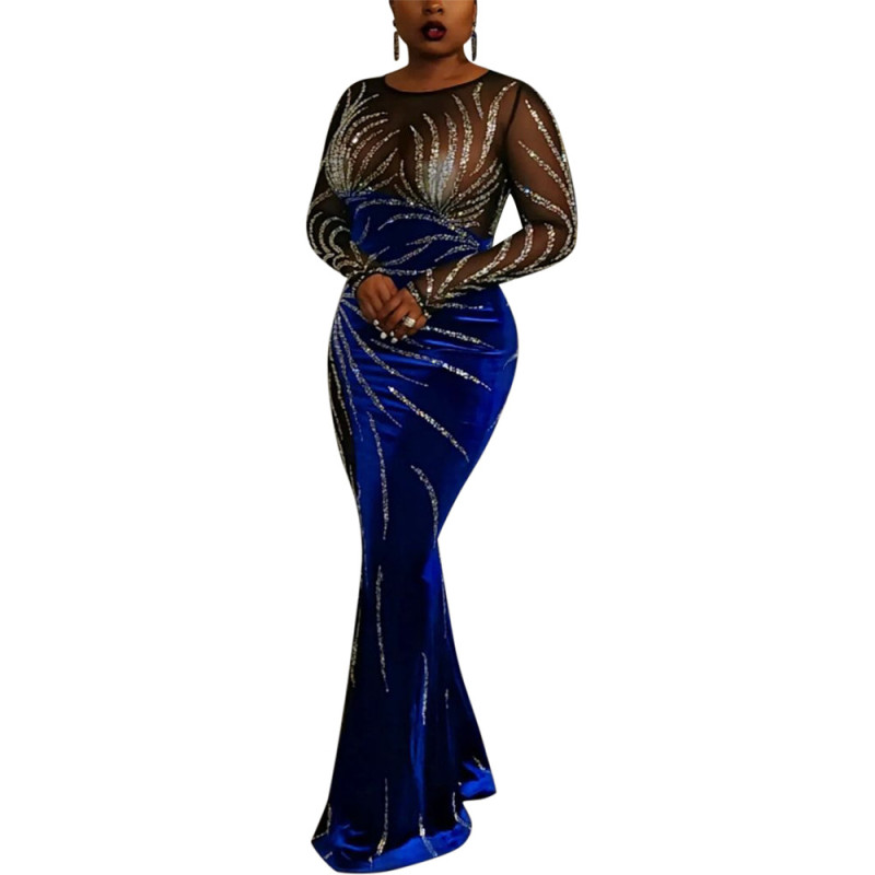 Blue Luxury Mesh See Through Rhinestone Bodycon Prom Evening Velvet Party Maxi Dress