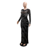 Black Luxury Mesh See Through Rhinestone Bodycon Prom Evening Velvet Party Maxi Dress