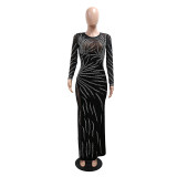Black Luxury Mesh See Through Rhinestone Bodycon Prom Evening Velvet Party Maxi Dress