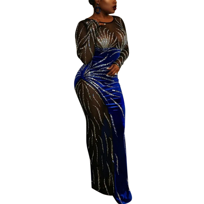 Blue Luxury Mesh See Through Rhinestone Bodycon Prom Evening Velvet Party Maxi Dress