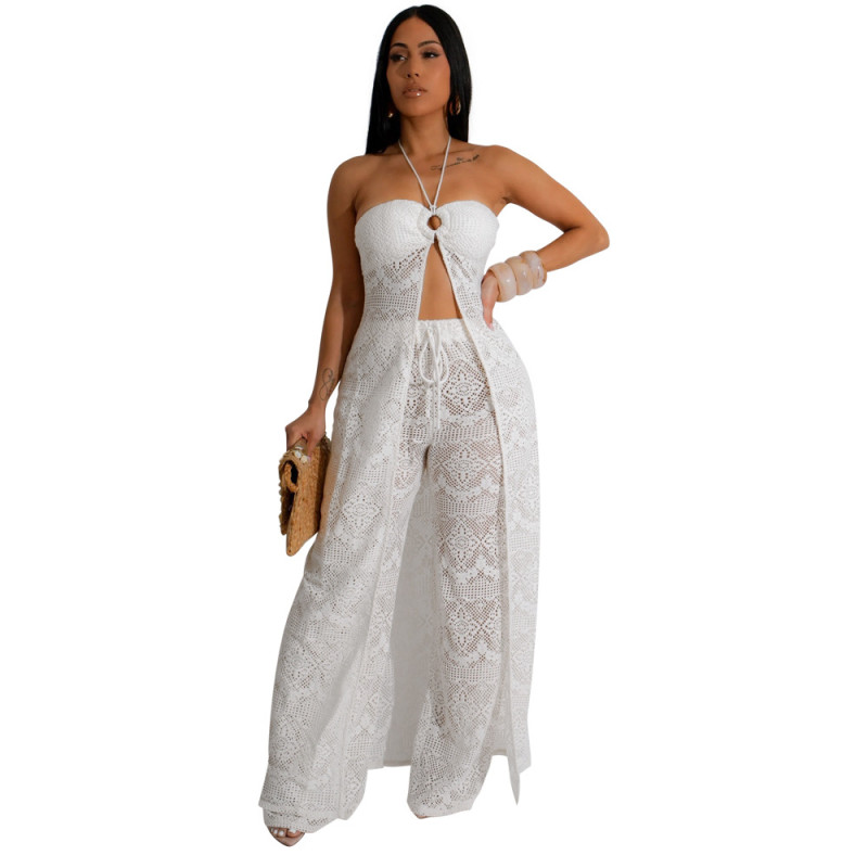 White Off Shoulder Lace Long Tops Hollow Out Wide Leg Women Pant Sets