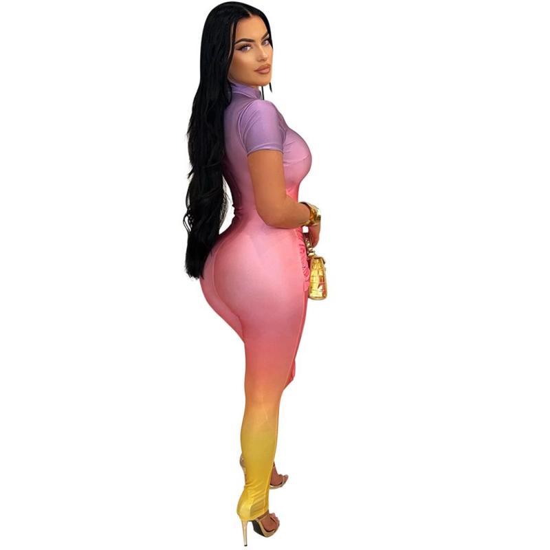 Pink Short Sleeve Printed Slim Fit Women Lace Up Bandage Sexy Jumpsuits