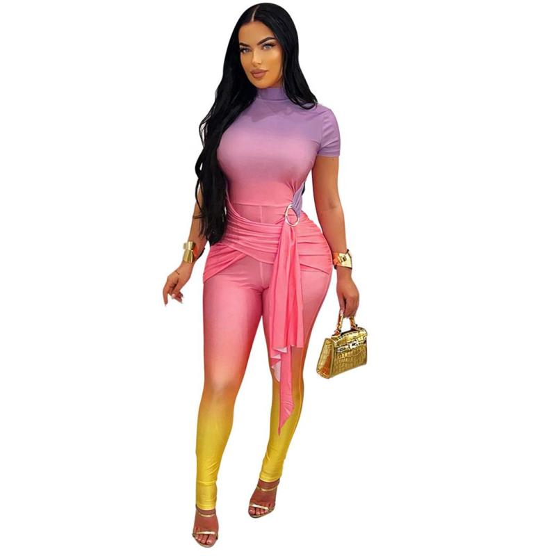 Pink Short Sleeve Printed Slim Fit Women Lace Up Bandage Sexy Jumpsuits
