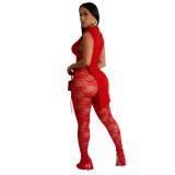 Red Sleeveless Lace Up Tops Lace Hollow Out Sexy Pant Sets Dress