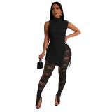 Black Sleeveless Lace Up Tops Lace Hollow Out Sexy Pant Sets Dress