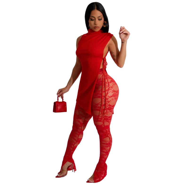 Red Sleeveless Lace Up Tops Lace Hollow Out Sexy Pant Sets Dress