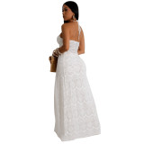 White Off Shoulder Lace Long Tops Hollow Out Wide Leg Women Pant Sets
