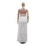 White Off Shoulder Lace Long Tops Hollow Out Wide Leg Women Pant Sets