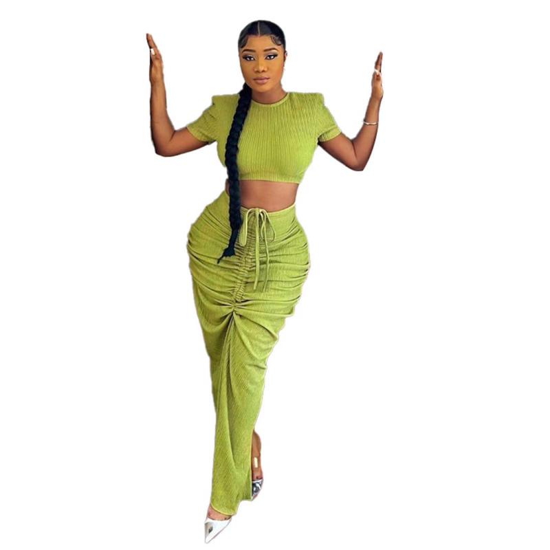 Green Short Sleeve Crop Top Pleated Luxury Women Party Skirt Dress Sets