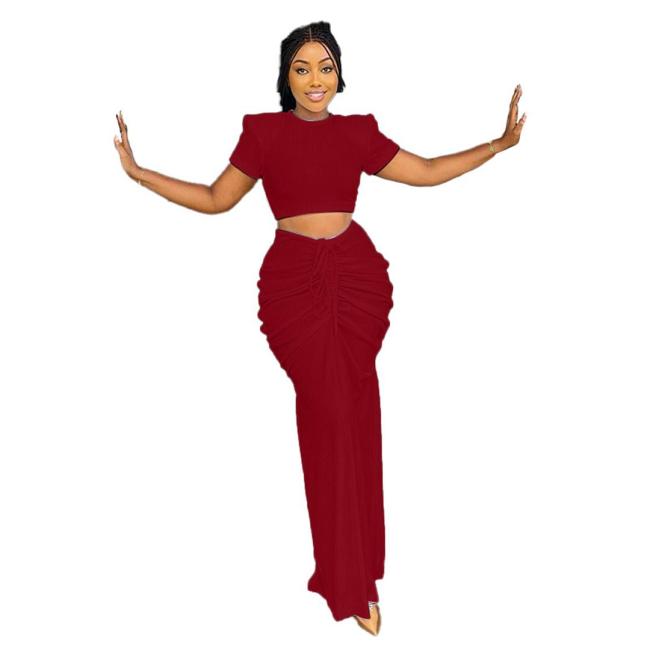 Red Short Sleeve Crop Top Pleated Luxury Women Party Skirt Dress Sets 004