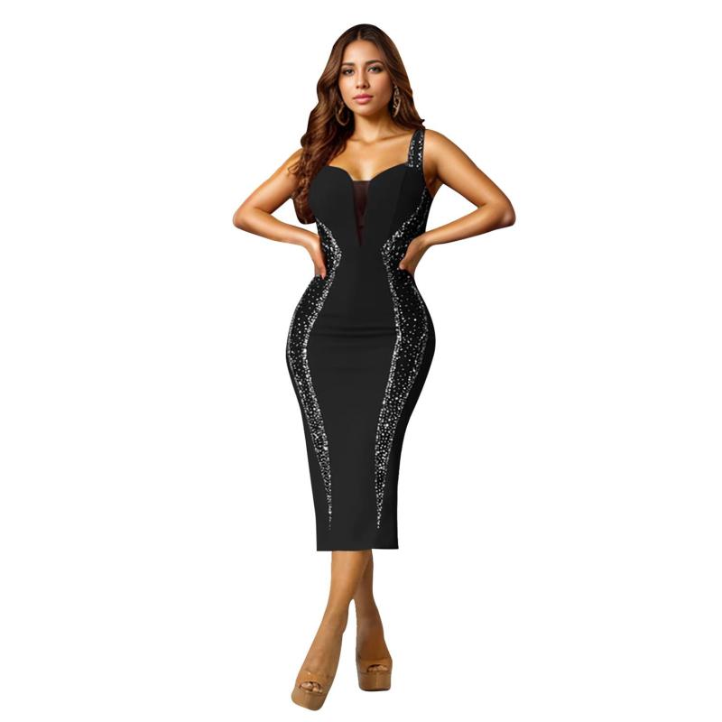 Black Glamorous Rhinestone-Embellished Sleeveless Bodycon Midi Dress