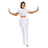 White Short Sleeve Crop Top Pleated Luxury Women Party Skirt Dress Sets