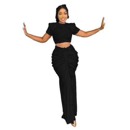 Black Short Sleeve Crop Top Pleated Luxury Women Party Skirt Dress Sets