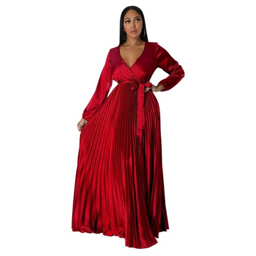 Red Women's Lantern Sleeve  V-Neck Autumn Pleated Maxi Dress