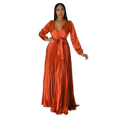 Orange Women's Lantern Sleeve  V-Neck Autumn Pleated Maxi Dress