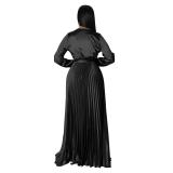 Black Women's Lantern Sleeve  V-Neck Autumn Pleated Maxi Dress