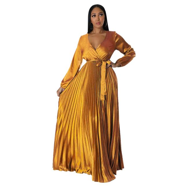 Gold Women's Lantern Sleeve  V-Neck Autumn Pleated Maxi Dress