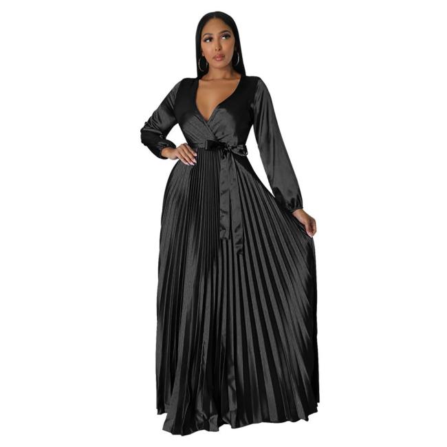 Black Women's Lantern Sleeve  V-Neck Autumn Pleated Maxi Dress