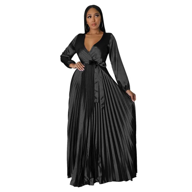 Black Women's Lantern Sleeve  V-Neck Autumn Pleated Maxi Dress