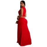 Red Women's Lantern Sleeve  V-Neck Autumn Pleated Maxi Dress