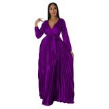 Purple Women's Lantern Sleeve  V-Neck Autumn Pleated Maxi Dress