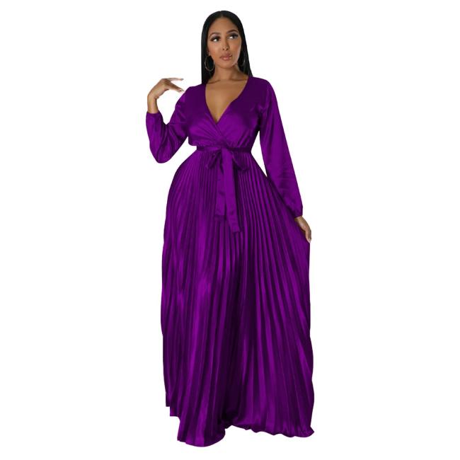 Purple Women's Lantern Sleeve  V-Neck Autumn Pleated Maxi Dress