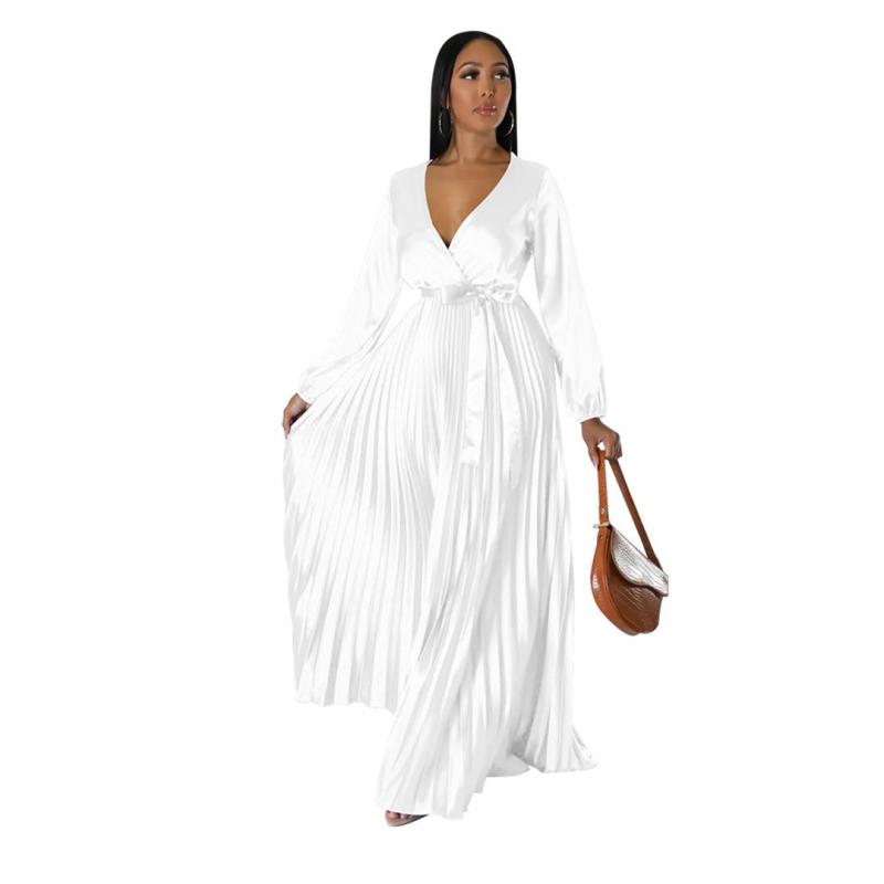 White Women's Lantern Sleeve  V-Neck Autumn Pleated Maxi Dress