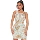 Beige Sleeveless Round Neck Women’s Sequin Bodycon Mini Dress