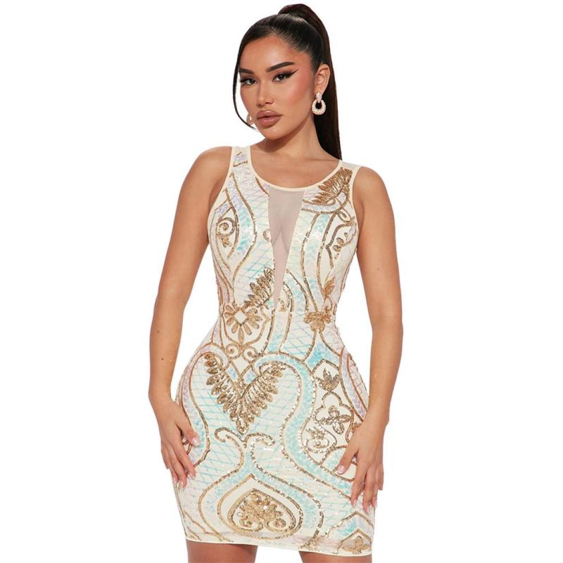 Beige Sleeveless Round Neck Women’s Sequin Bodycon Mini Dress