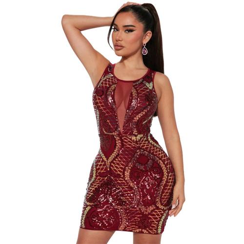 Red Sleeveless Round Neck Women’s Sequin Bodycon Mini Dress