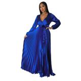 Blue Women's Lantern Sleeve  V-Neck Autumn Pleated Maxi Dress