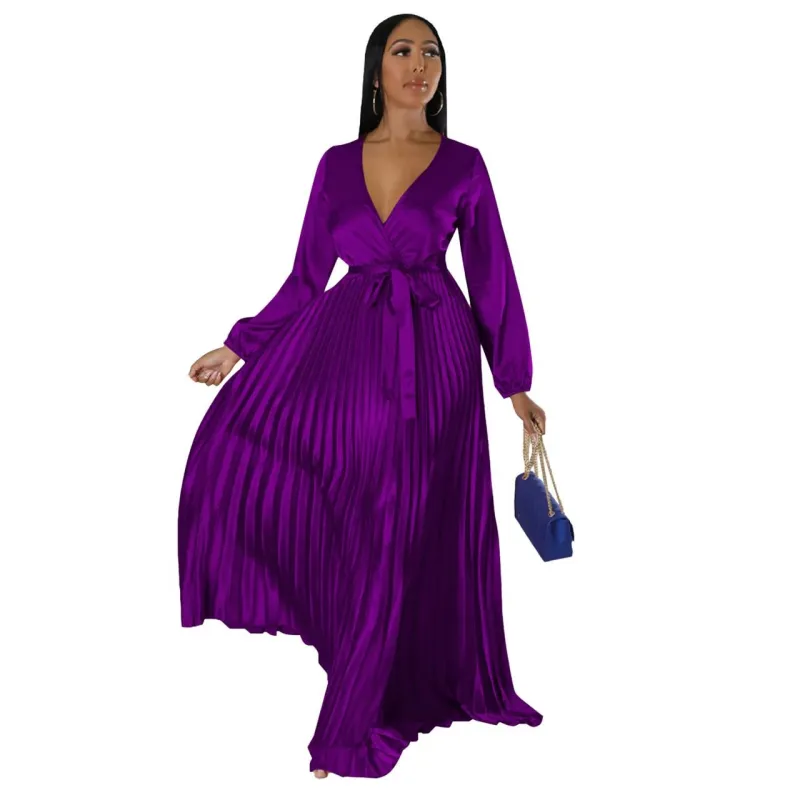 Purple Women's Lantern Sleeve  V-Neck Autumn Pleated Maxi Dress