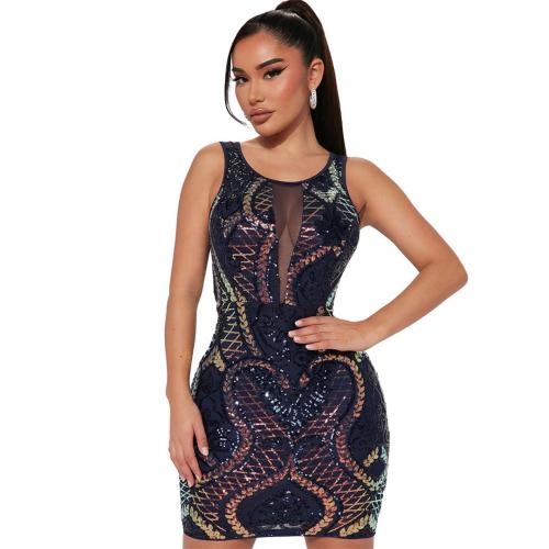 Blue Sleeveless Round Neck Women’s Sequin Bodycon Mini Dress