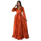 Orange Women's Lantern Sleeve  V-Neck Autumn Pleated Maxi Dress