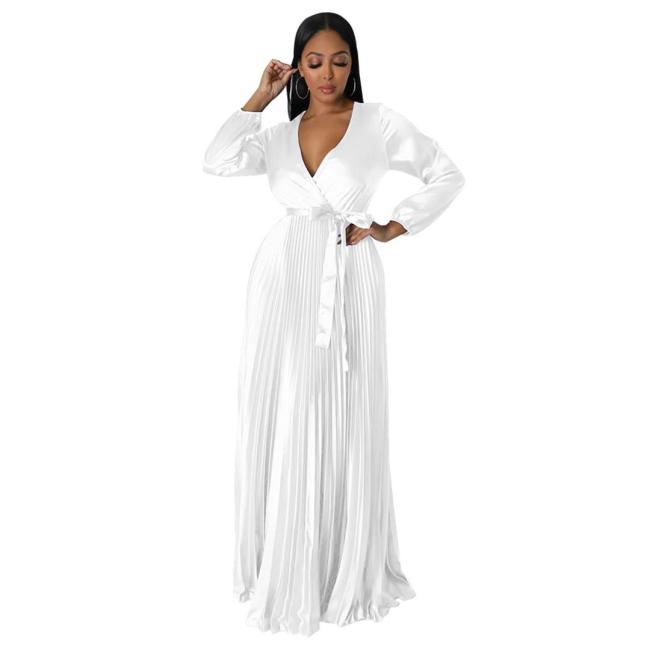White Women's Lantern Sleeve  V-Neck Autumn Pleated Maxi Dress