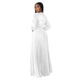 White Women's Lantern Sleeve  V-Neck Autumn Pleated Maxi Dress