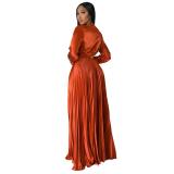 Orange Women's Lantern Sleeve  V-Neck Autumn Pleated Maxi Dress