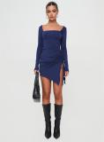 Navy Square Neck Long Sleeve Pleated Sexy Party Mini Dress