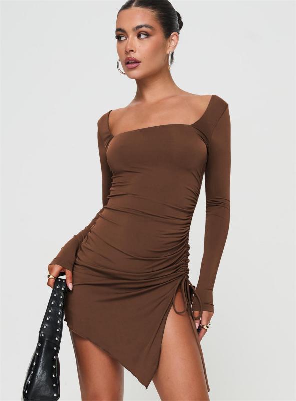 Coffee Square Neck Long Sleeve Pleated Sexy Party Mini Dress